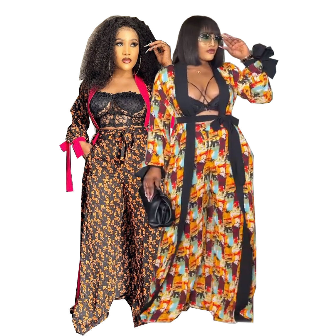 European and American African Digital Print Suit Cape Robe with Printed Loose Wide-Leg Pants and Belt Special Offer