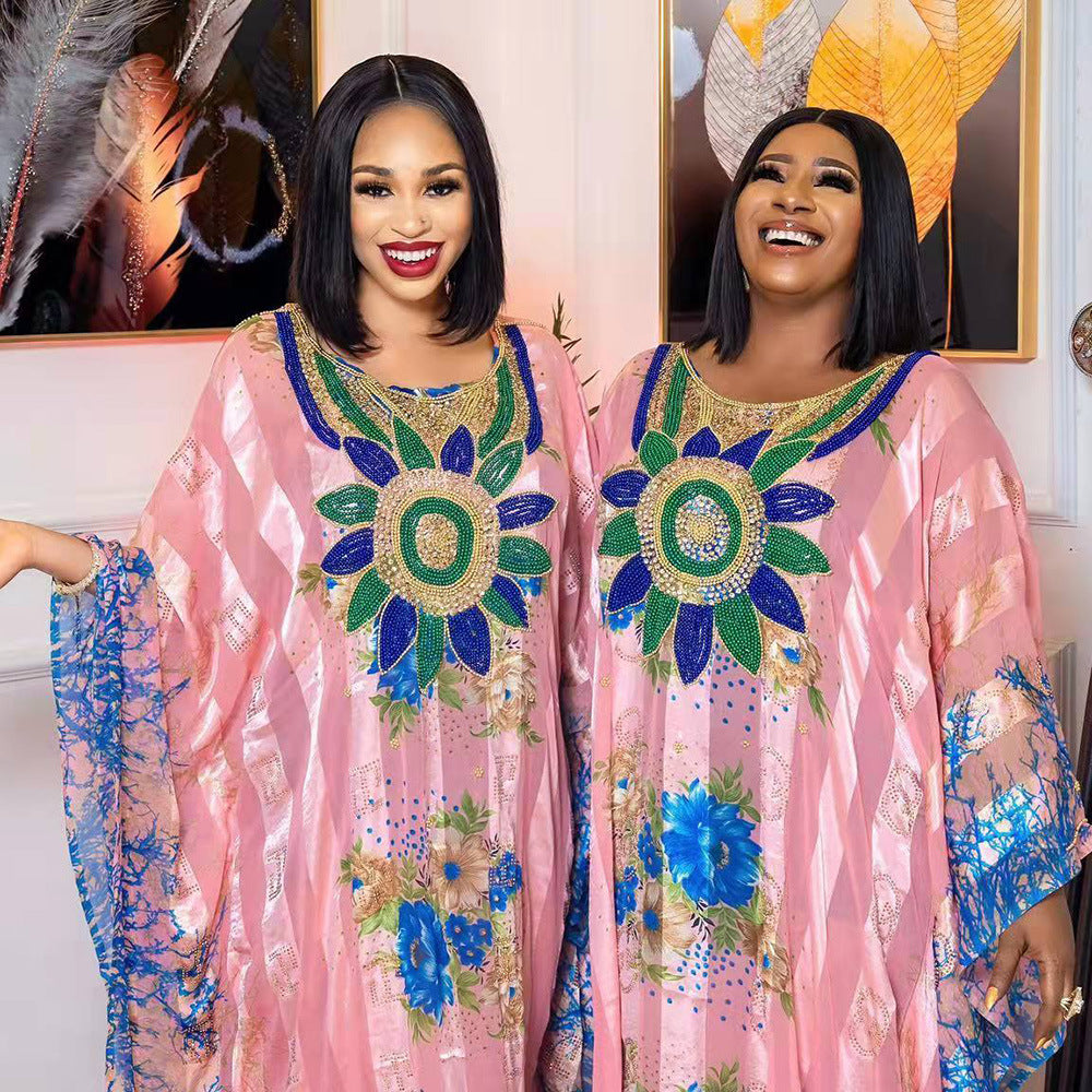 Cross-border AliExpress Independent Station African Ethnic Style Large Swing Dress Chiffon Hot Drilling Beads with Elastic Inner Skirt