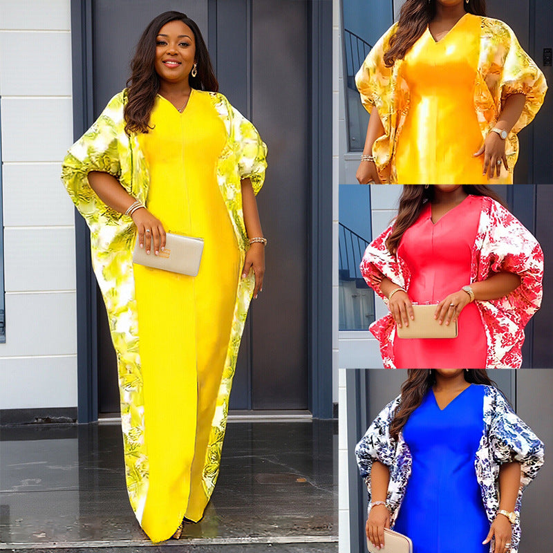 Cross-Border Aliexpress Plus-Size Women's Ethnic Style Robe African Amazon Color-Blocking Printed Dress 9038