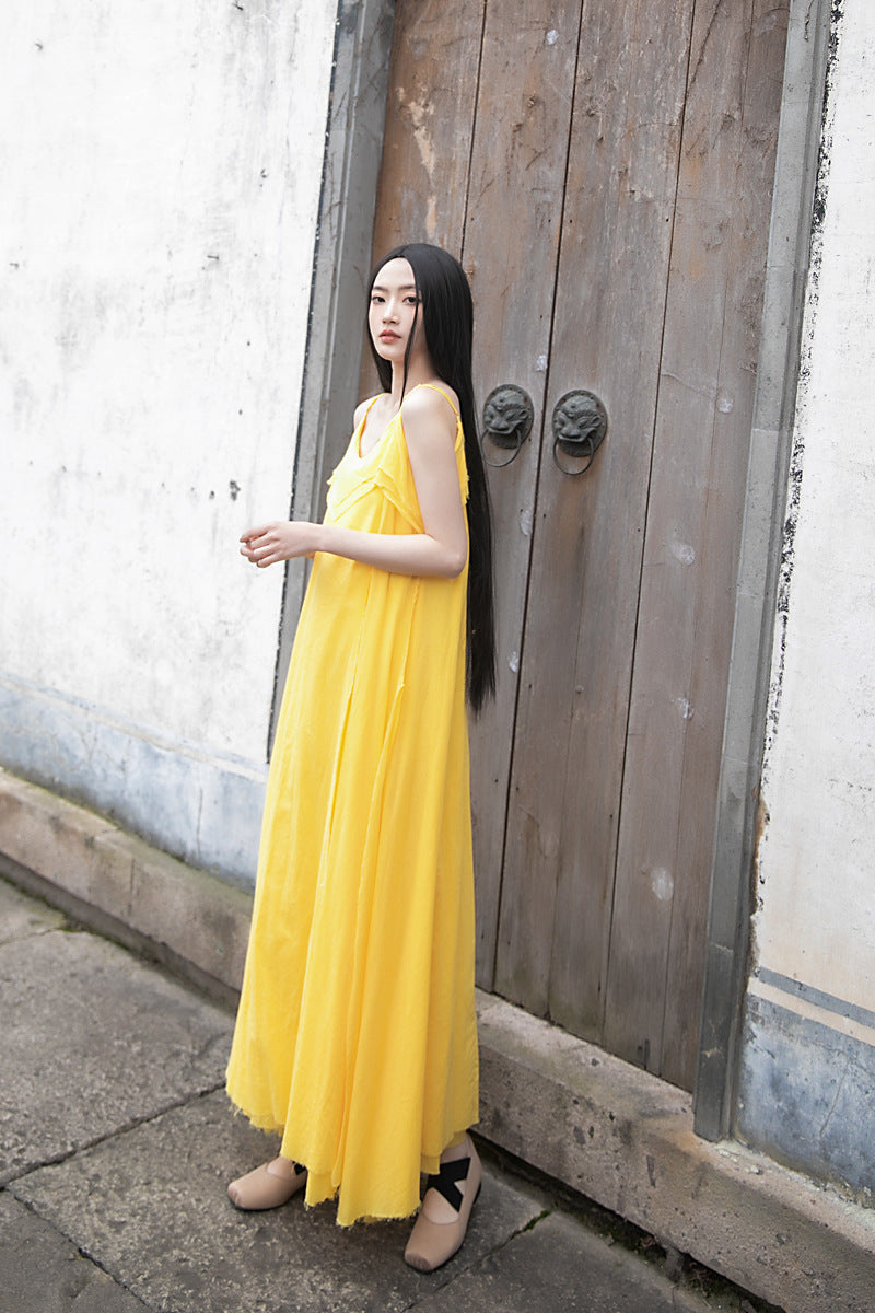 Raw Edge, Large Hem, Pure Cotton, Casual and Flowing Dress in 4 Colors, Artistic Retro High-Quality Cotton and Linen Material Dress