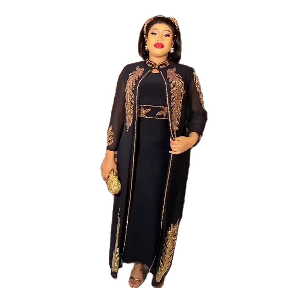 African Dress 2-Piece Set with Expensive Front and Back Rhinestones, Stand Collar, Long Sleeves, Solid Color Cardigan