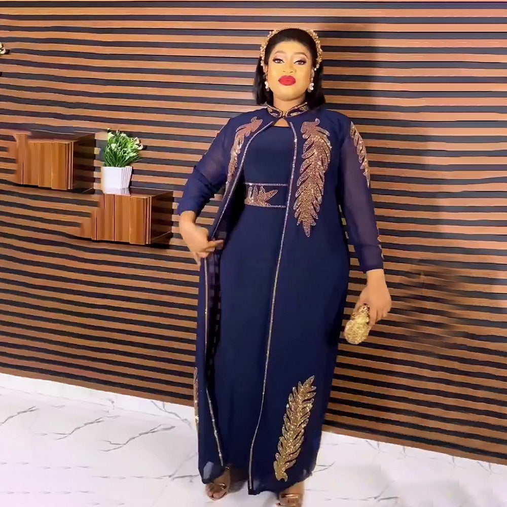 African Dress 2-Piece Set with Expensive Front and Back Rhinestones, Stand Collar, Long Sleeves, Solid Color Cardigan