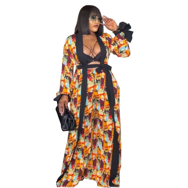 European and American African Digital Print Suit Cape Robe with Printed Loose Wide-Leg Pants and Belt Special Offer