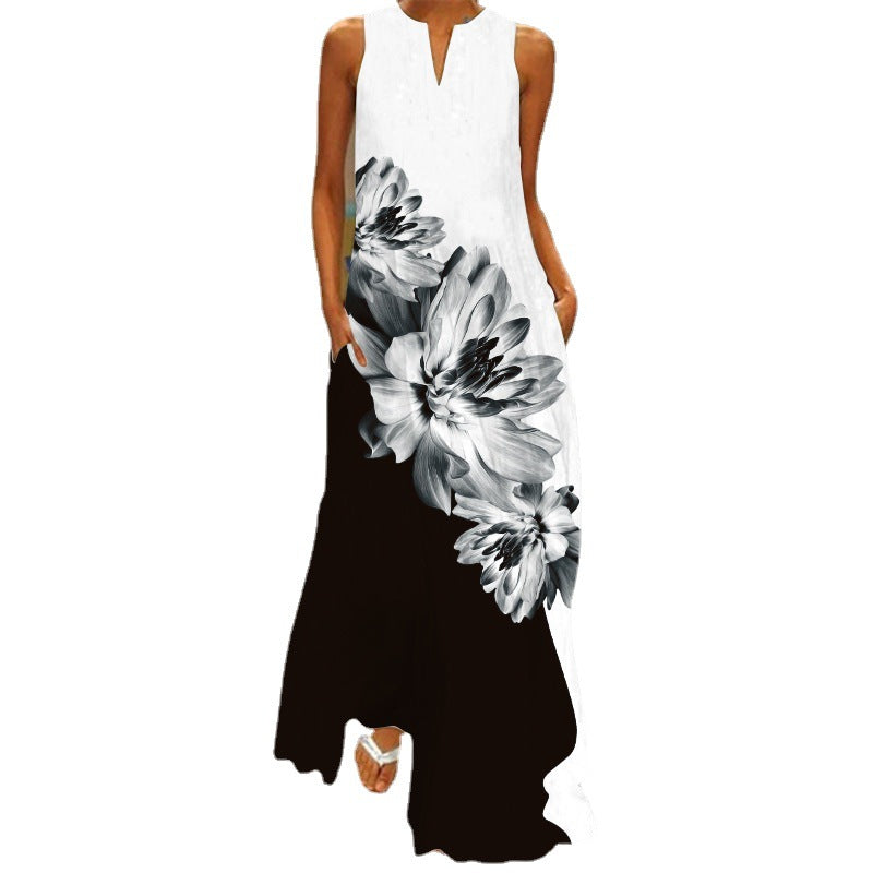 2026 New Summer Women's Sleeveless Long Dress V-Neck Floral Print Dress European and American Cross-Border Foreign Trade Women's Clothing