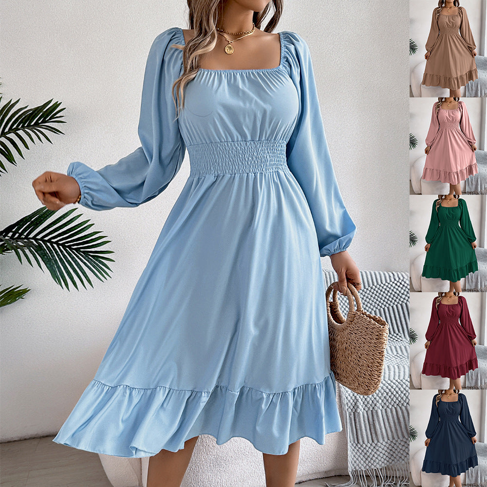 2026 Spring/Summer European and American Casual Solid Color Square Neck Long Sleeve Waist-Cinching Ruffle A-Line Dress Amazon Cross-Border Women's Clothing