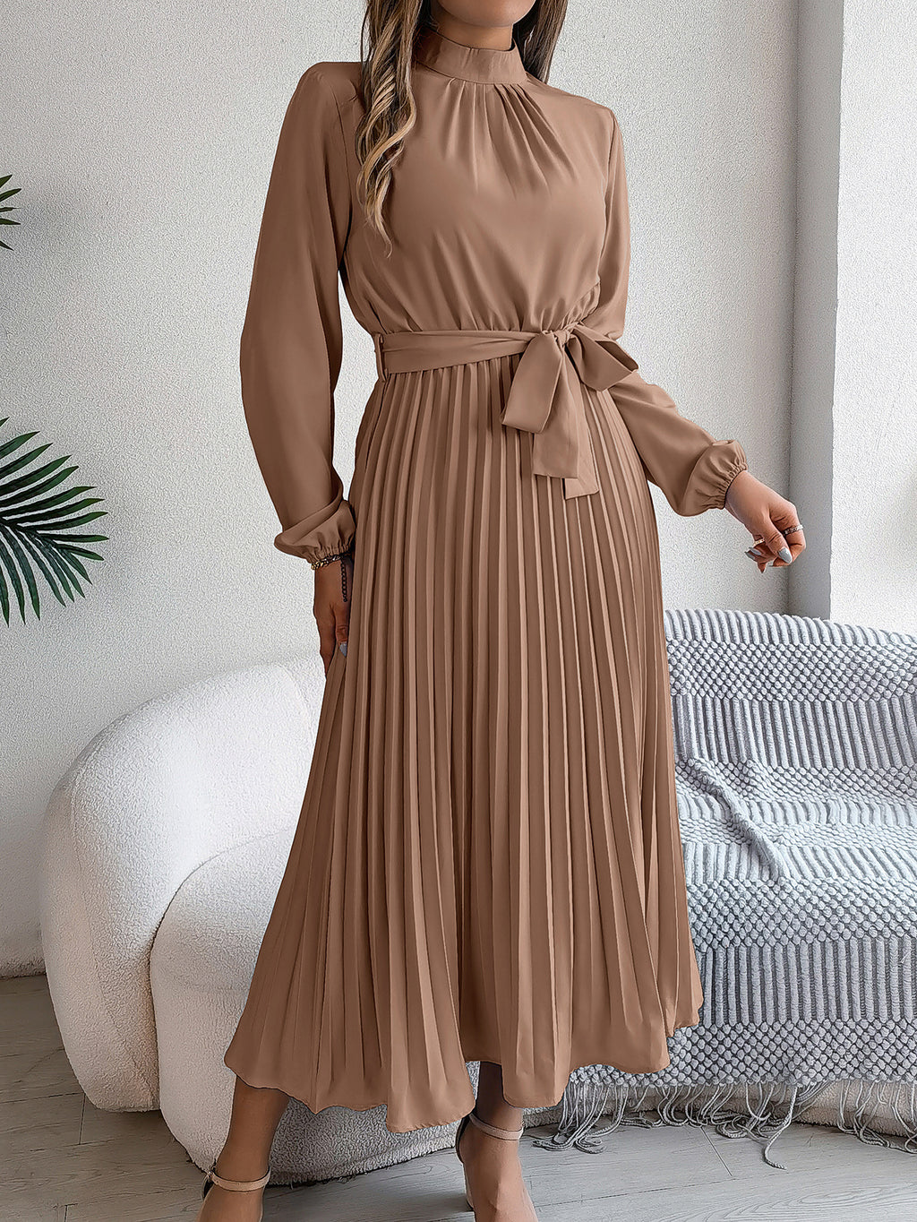 2026 European and American Spring/Summer Elegant Stand Collar Long Sleeve Waist-Cinched Pleated Long Dress Mini Dress Amazon Cross-Border Women's Clothing