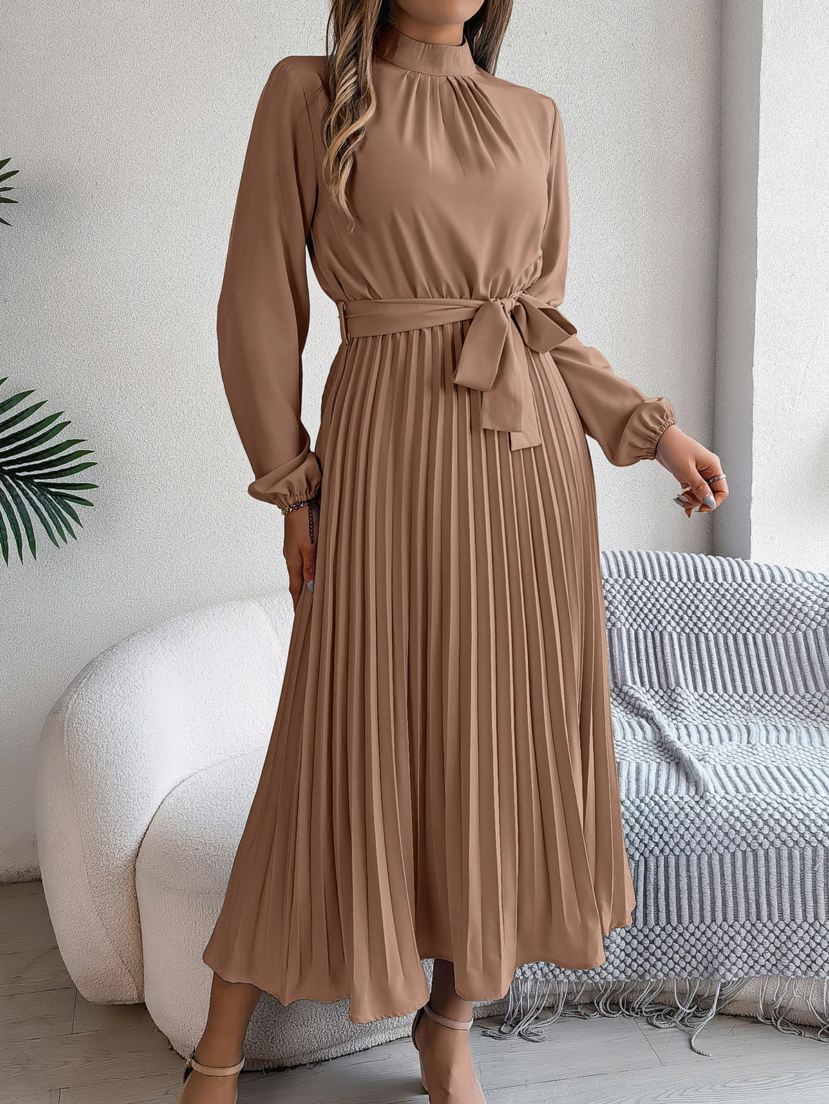 2026 European and American Spring/Summer Elegant Stand Collar Long Sleeve Waist-Cinched Pleated Long Dress Mini Dress Amazon Cross-Border Women's Clothing