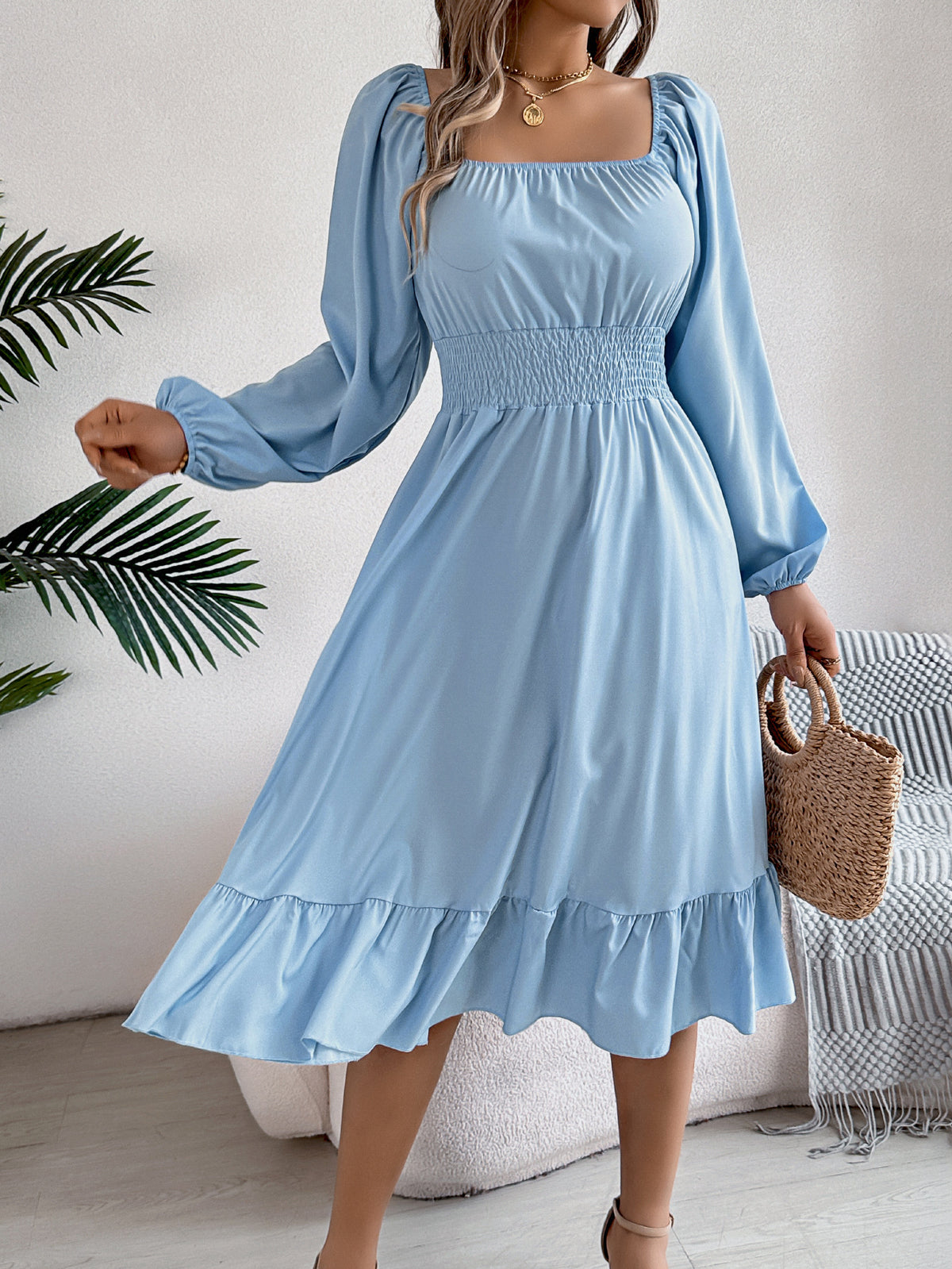 2026 Spring/Summer European and American Casual Solid Color Square Neck Long Sleeve Waist-Cinching Ruffle A-Line Dress Amazon Cross-Border Women's Clothing