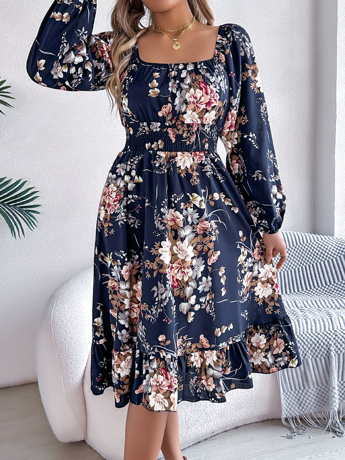 Real shot spring and summer European and American elegant flower square collar long sleeve waist ruffled A- line skirt independent station cross-border women's clothing