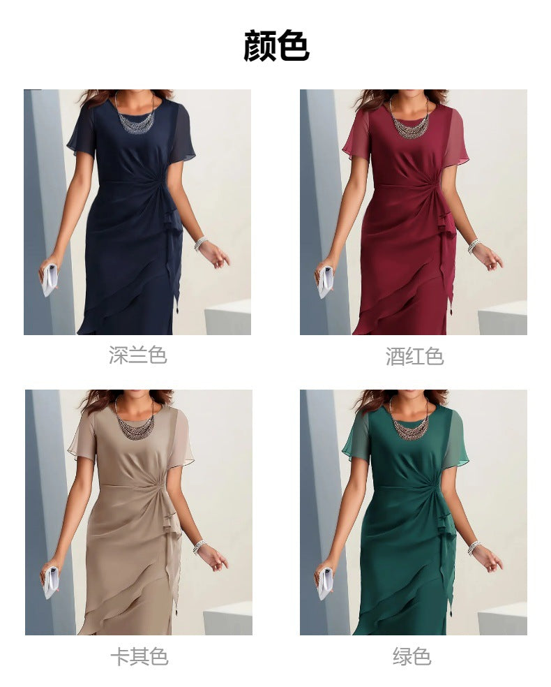 Cross-border independent station new 2025 summer dress stitching chiffon crew neck short sleeve dress