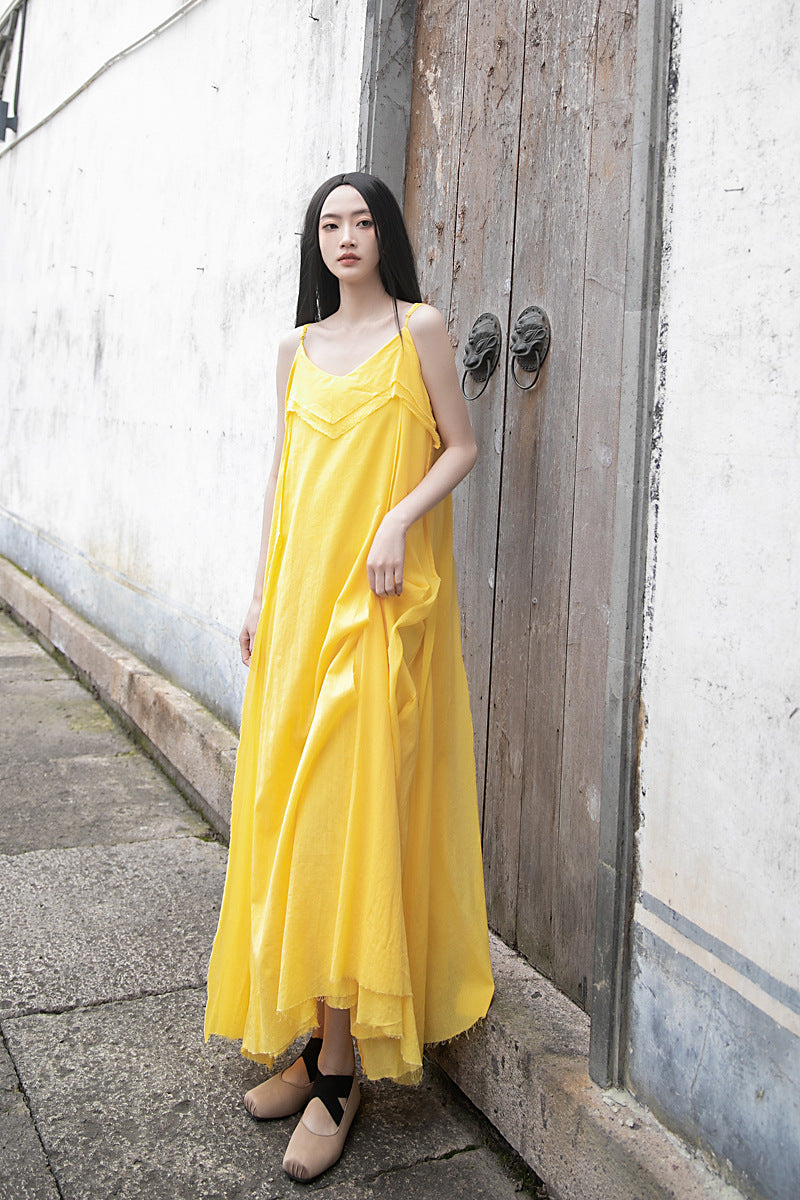 Raw Edge, Large Hem, Pure Cotton, Casual and Flowing Dress in 4 Colors, Artistic Retro High-Quality Cotton and Linen Material Dress