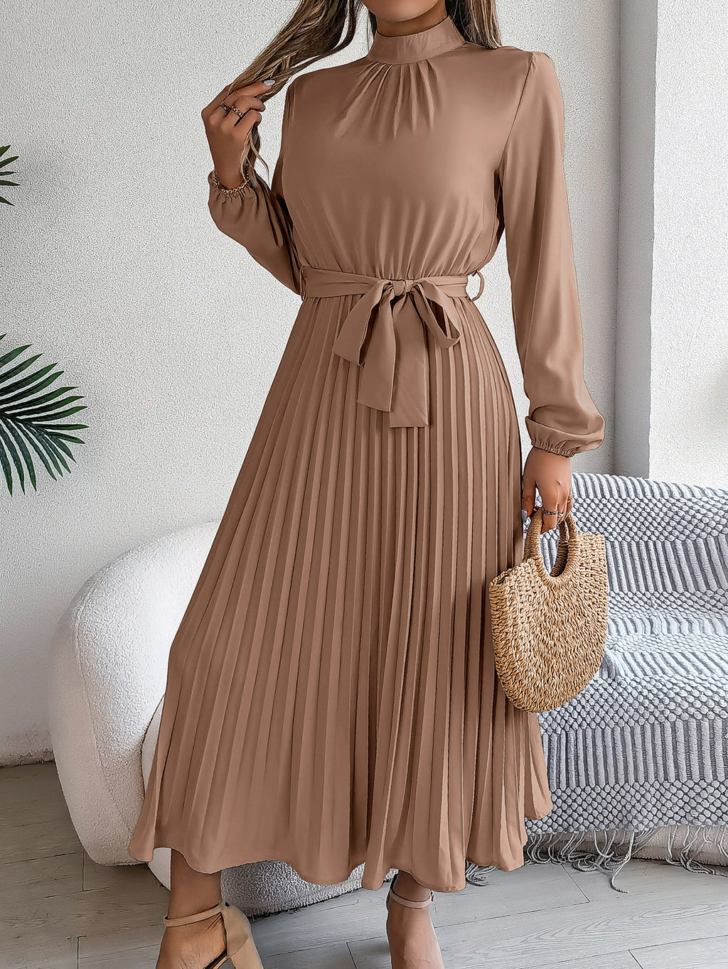 2026 European and American Spring/Summer Elegant Stand Collar Long Sleeve Waist-Cinched Pleated Long Dress Mini Dress Amazon Cross-Border Women's Clothing