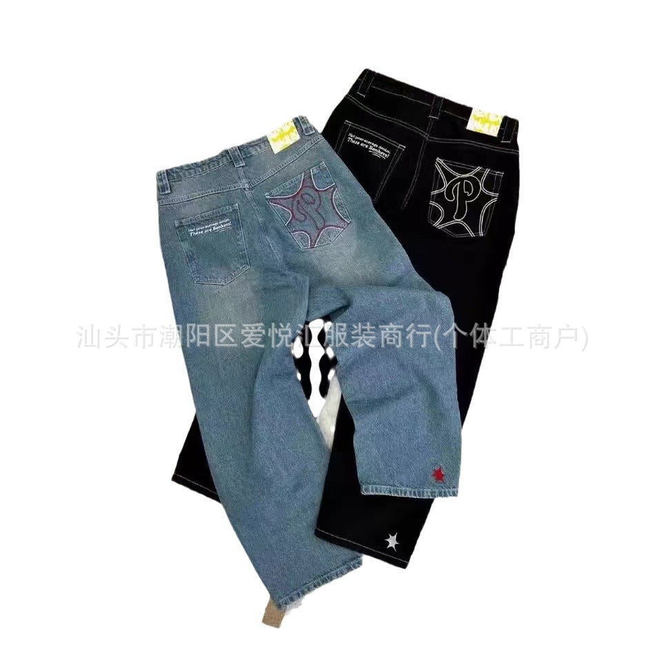 Personalized Retro American Style Street Casual All-Match Jeans for Men and Women Couple Hip-Hop Fashionable High Waist Wide-Leg Trousers