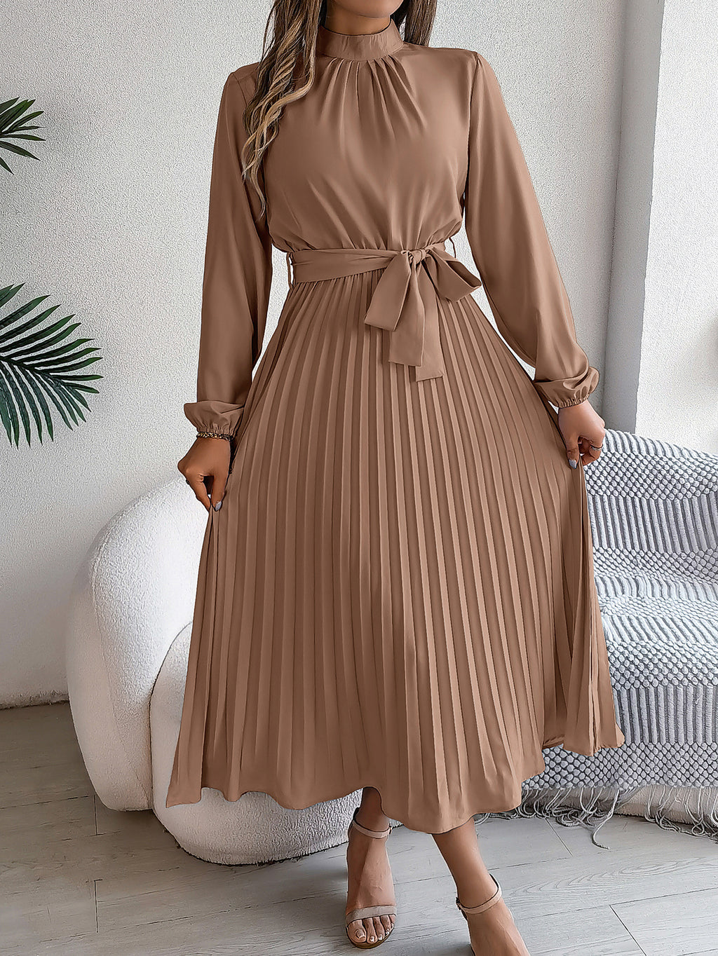 2026 European and American Spring/Summer Elegant Stand Collar Long Sleeve Waist-Cinched Pleated Long Dress Mini Dress Amazon Cross-Border Women's Clothing