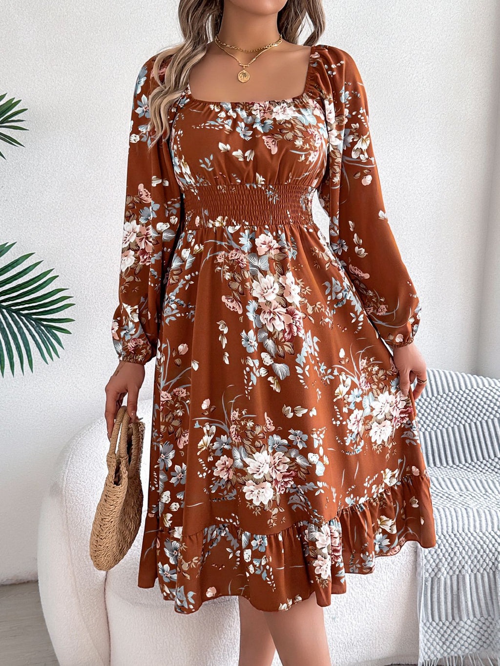 Real shot spring and summer European and American elegant flower square collar long sleeve waist ruffled A- line skirt independent station cross-border women's clothing