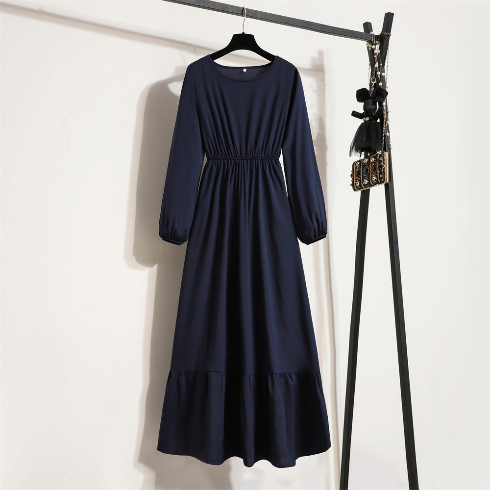 Cross-border Foreign Trade Floral Chiffon Long Dress Women's Spring Dress Long Sleeve Crewneck Base Skirt Waist Slim Long Dress