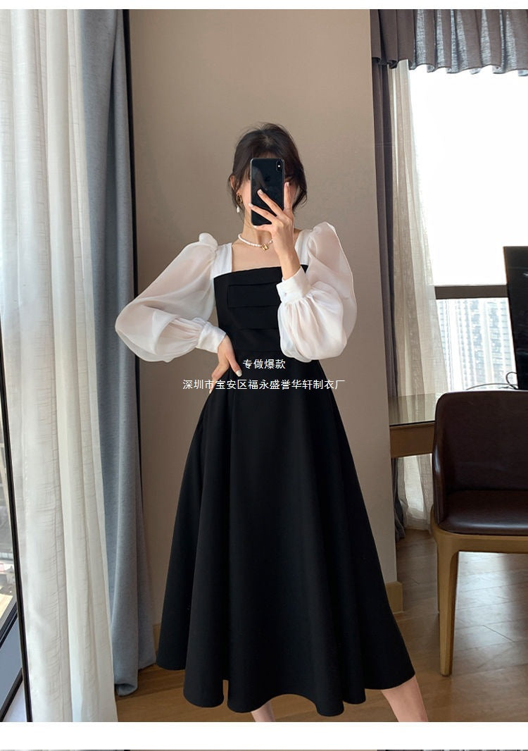 Long-sleeved Black Fried Street Hao Benfeng dress Women's New Spring and Autumn Stitching Square Collar French Skirt Vintage A- line Skirt