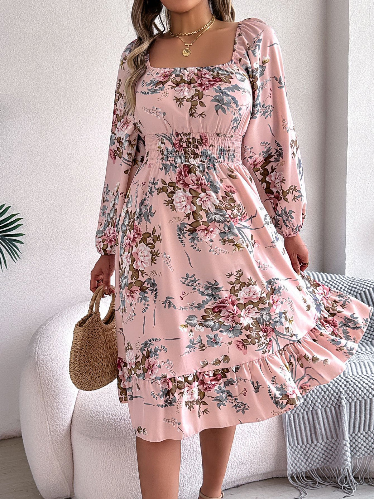 Real shot spring and summer European and American elegant flower square collar long sleeve waist ruffled A- line skirt independent station cross-border women's clothing