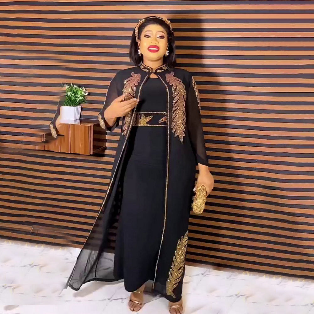 African Dress 2-Piece Set with Expensive Front and Back Rhinestones, Stand Collar, Long Sleeves, Solid Color Cardigan