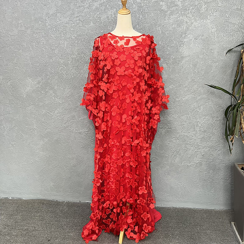 Cross-border source three-dimensional embroidery flower mesh round neck bat sleeve loose plus size robe vest African women's clear