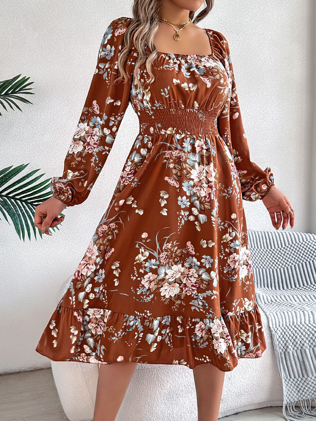 Real shot spring and summer European and American elegant flower square collar long sleeve waist ruffled A- line skirt independent station cross-border women's clothing