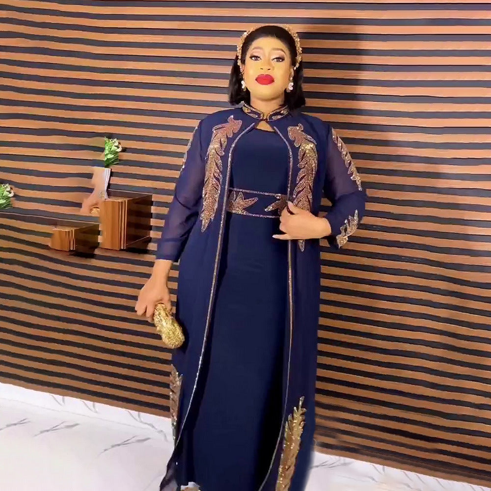 African Dress 2-Piece Set with Expensive Front and Back Rhinestones, Stand Collar, Long Sleeves, Solid Color Cardigan