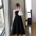Long-sleeved Black Fried Street Hao Benfeng dress Women's New Spring and Autumn Stitching Square Collar French Skirt Vintage A- line Skirt