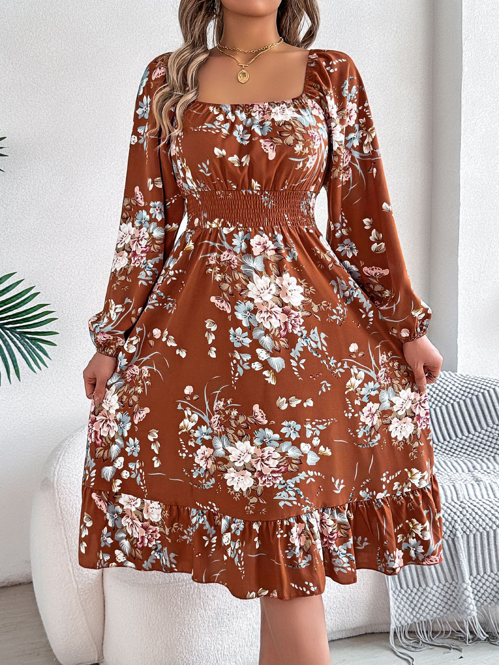 Real shot spring and summer European and American elegant flower square collar long sleeve waist ruffled A- line skirt independent station cross-border women's clothing