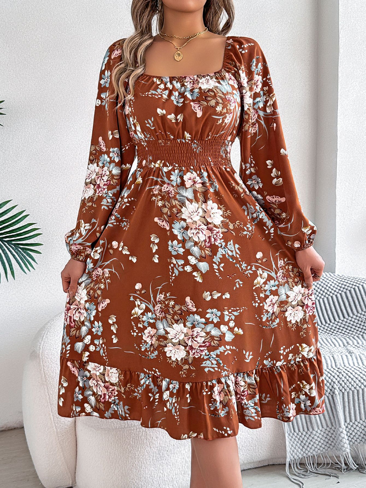 Real shot spring and summer European and American elegant flower square collar long sleeve waist ruffled A- line skirt independent station cross-border women's clothing