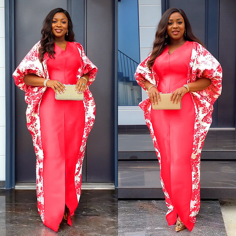 Cross-Border Aliexpress Plus-Size Women's Ethnic Style Robe African Amazon Color-Blocking Printed Dress 9038