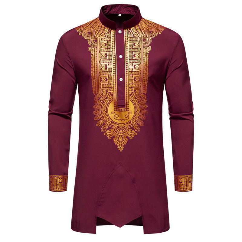 Foreign Trade Cross-border Men's Shirt suit Collar Bronzing Print Long-sleeved Shirt Trousers African-style Casual Shirt for Men