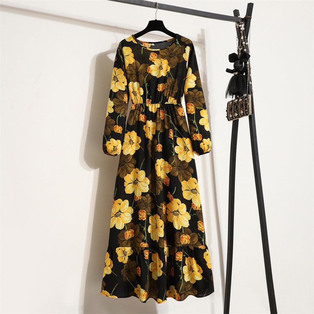 Cross-border Foreign Trade Floral Chiffon Long Dress Women's Spring Dress Long Sleeve Crewneck Base Skirt Waist Slim Long Dress