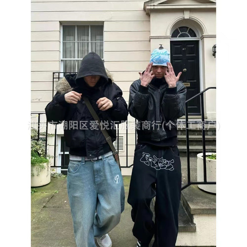 Personalized Retro American Style Street Casual All-Match Jeans for Men and Women Couple Hip-Hop Fashionable High Waist Wide-Leg Trousers