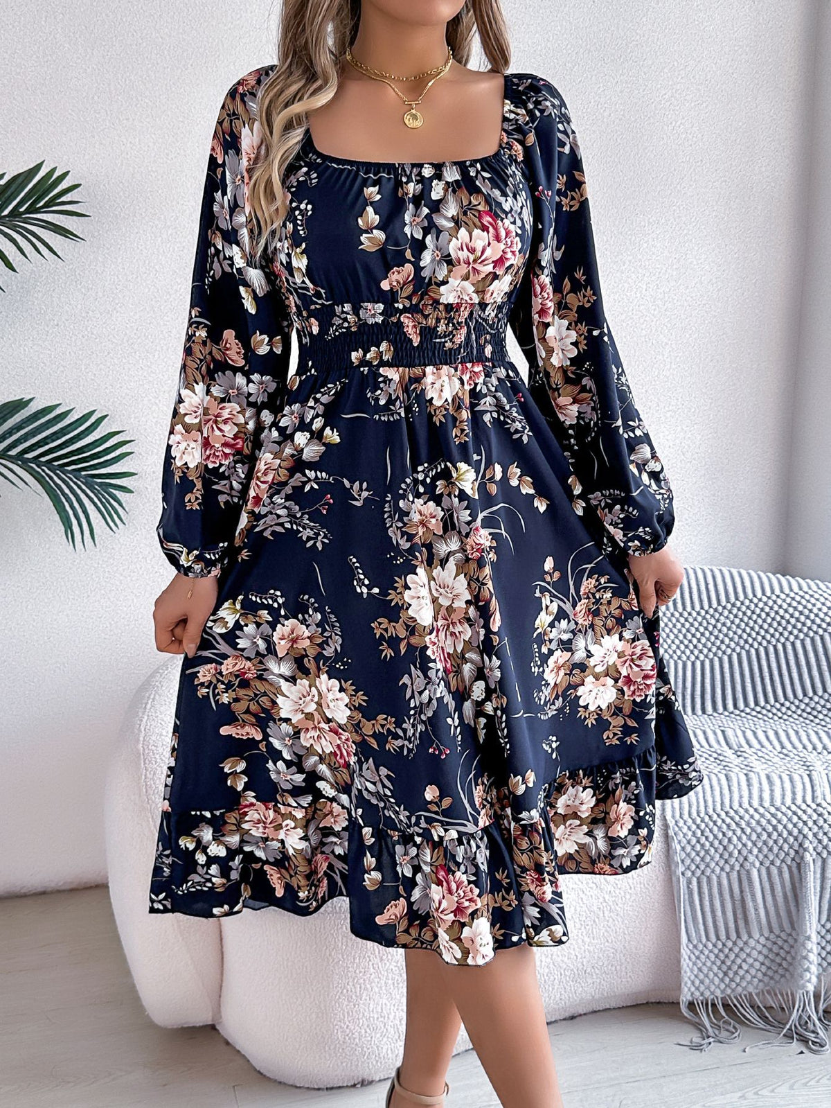 Real shot spring and summer European and American elegant flower square collar long sleeve waist ruffled A- line skirt independent station cross-border women's clothing