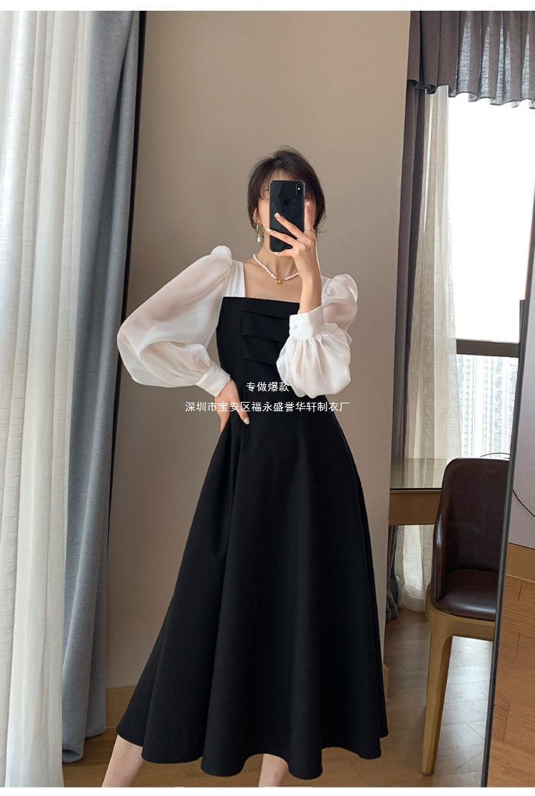 Long-sleeved Black Fried Street Hao Benfeng dress Women's New Spring and Autumn Stitching Square Collar French Skirt Vintage A- line Skirt