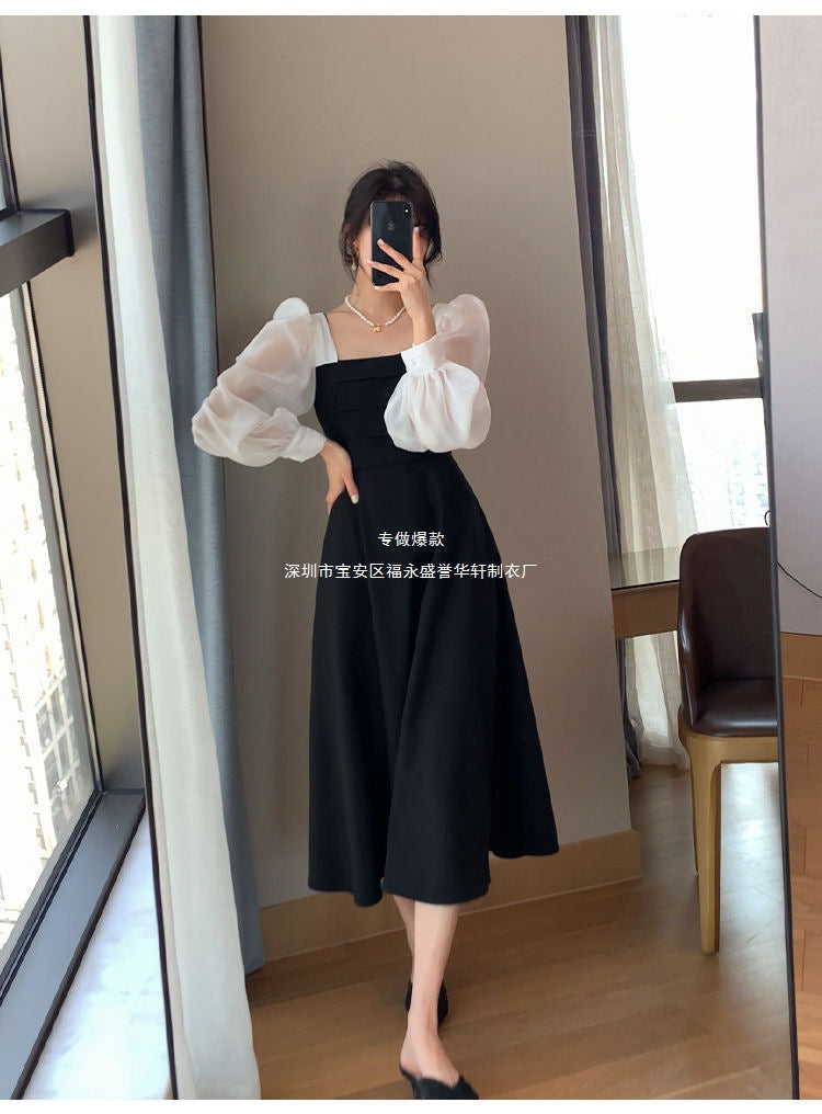 Long-sleeved Black Fried Street Hao Benfeng dress Women's New Spring and Autumn Stitching Square Collar French Skirt Vintage A- line Skirt