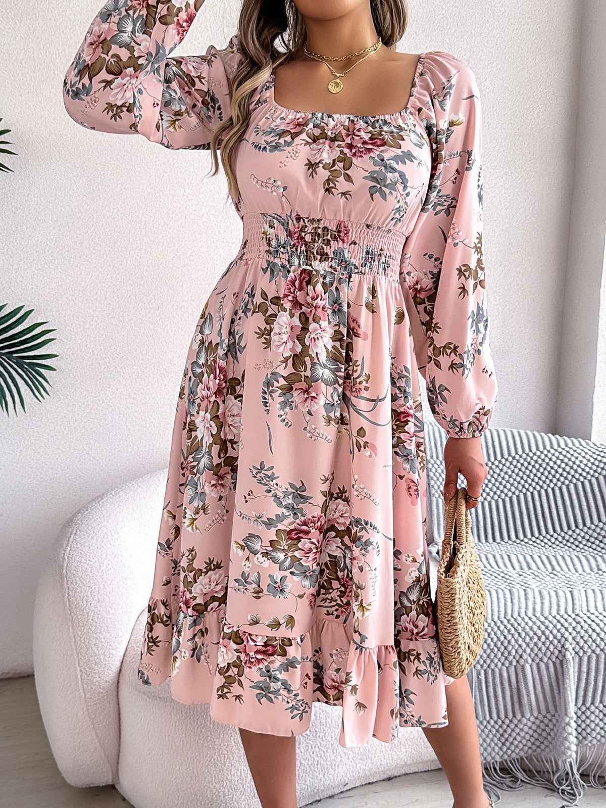 Real shot spring and summer European and American elegant flower square collar long sleeve waist ruffled A- line skirt independent station cross-border women's clothing