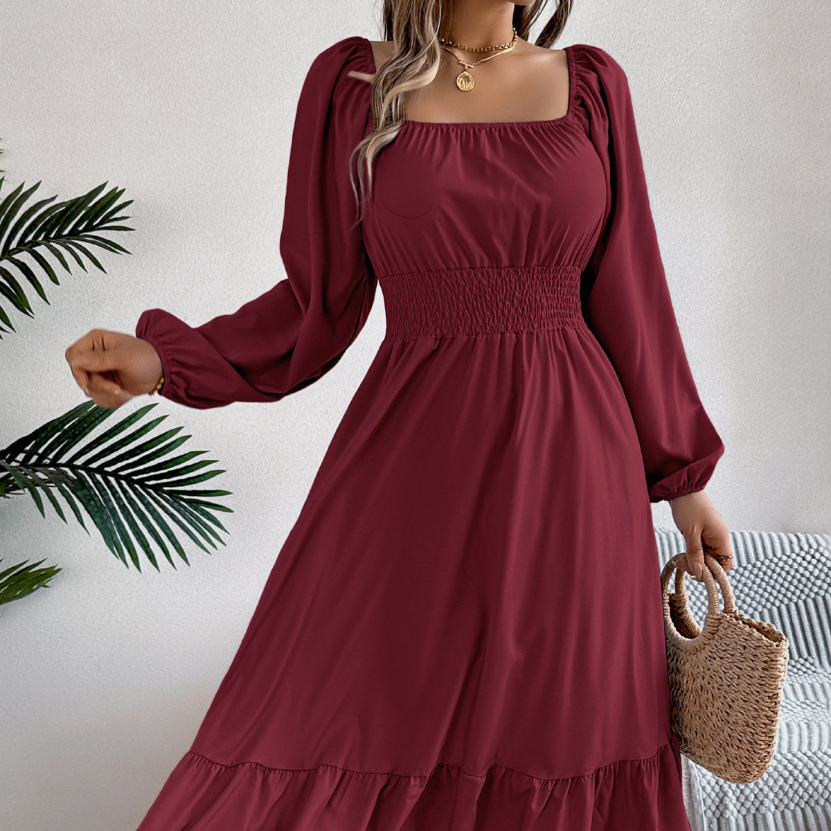 2026 Spring/Summer European and American Casual Solid Color Square Neck Long Sleeve Waist-Cinching Ruffle A-Line Dress Amazon Cross-Border Women's Clothing