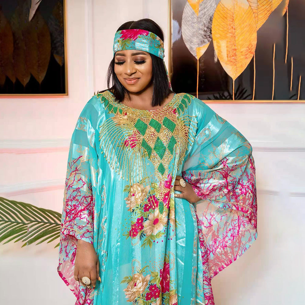 Cross-border AliExpress Independent Station African Ethnic Style Large Swing Dress Chiffon Hot Drilling Beads with Elastic Inner Skirt
