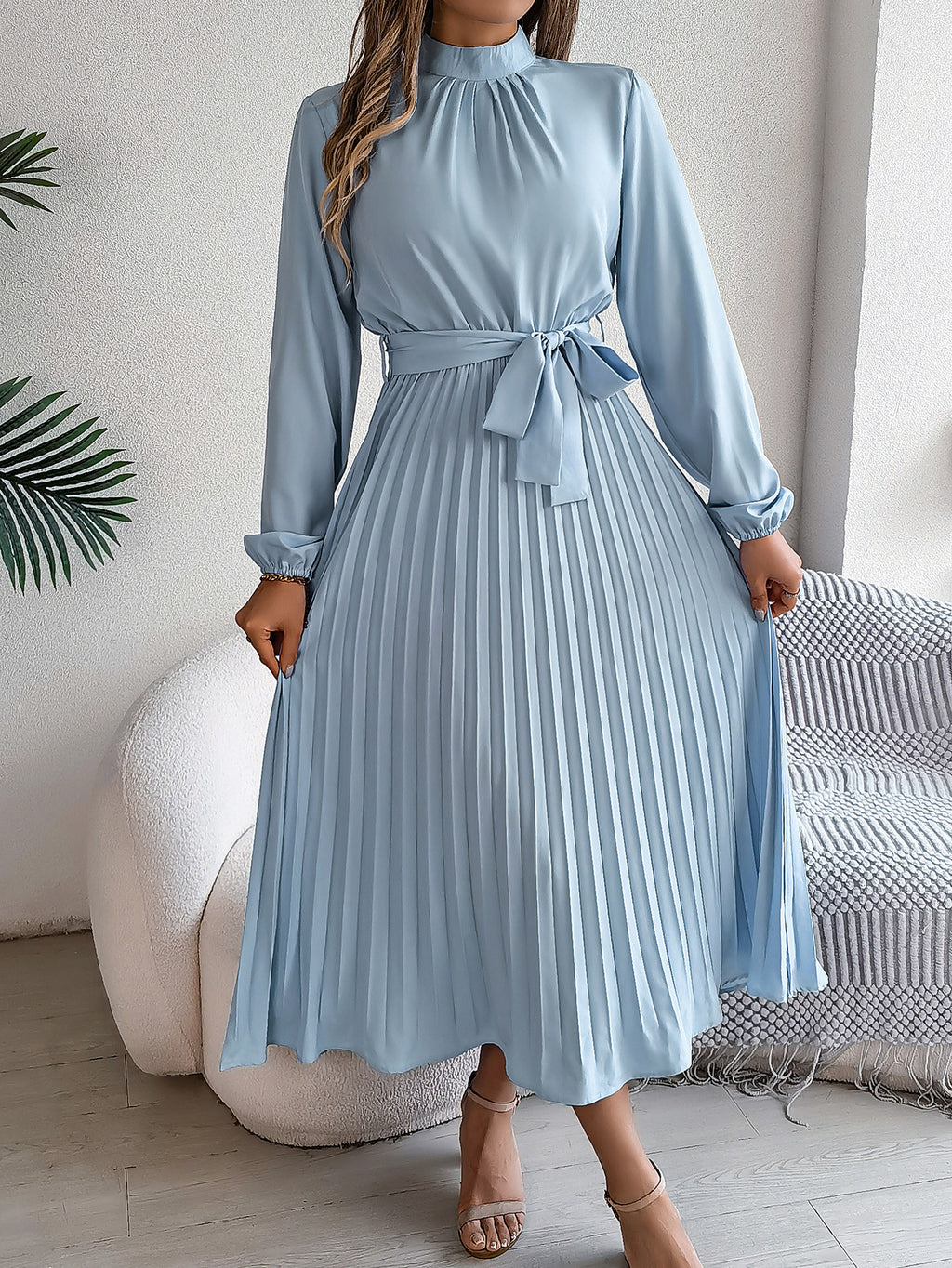 2026 European and American Spring/Summer Elegant Stand Collar Long Sleeve Waist-Cinched Pleated Long Dress Mini Dress Amazon Cross-Border Women's Clothing