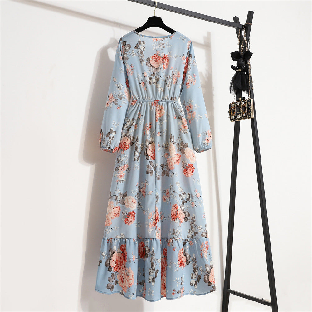 Cross-border Foreign Trade Floral Chiffon Long Dress Women's Spring Dress Long Sleeve Crewneck Base Skirt Waist Slim Long Dress