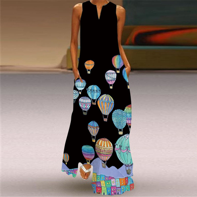 2026 New Summer Women's Sleeveless Long Dress V-Neck Floral Print Dress European and American Cross-Border Foreign Trade Women's Clothing