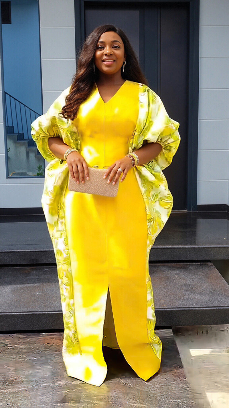Cross-Border Aliexpress Plus-Size Women's Ethnic Style Robe African Amazon Color-Blocking Printed Dress 9038