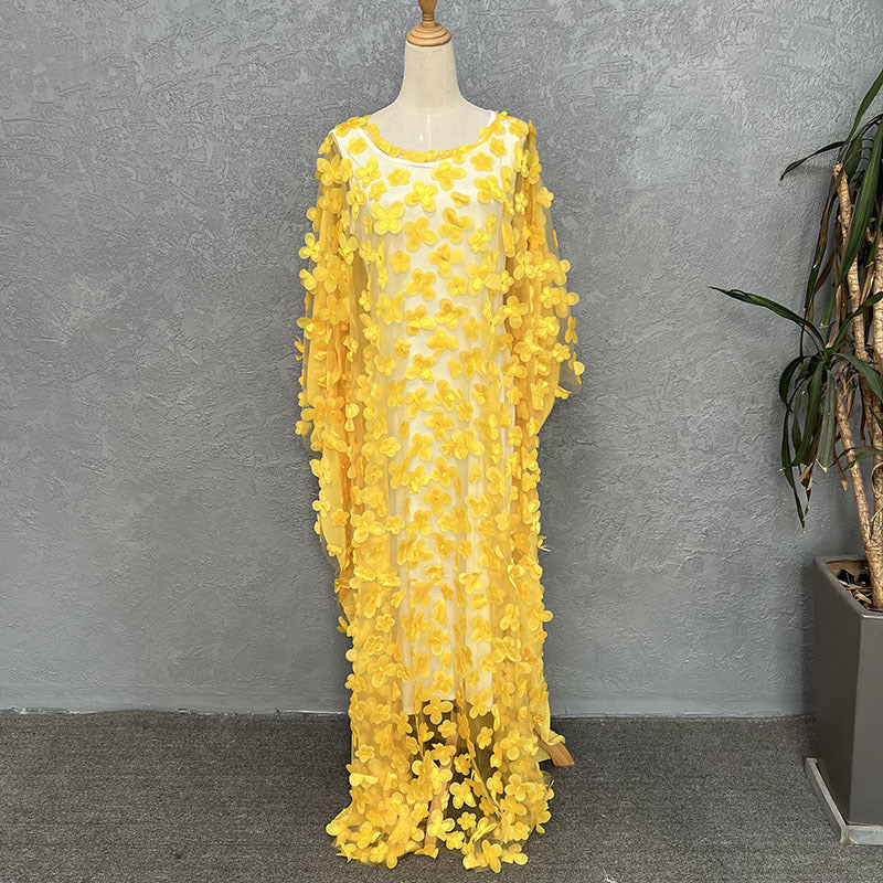 Cross-border source three-dimensional embroidery flower mesh round neck bat sleeve loose plus size robe vest African women's clear