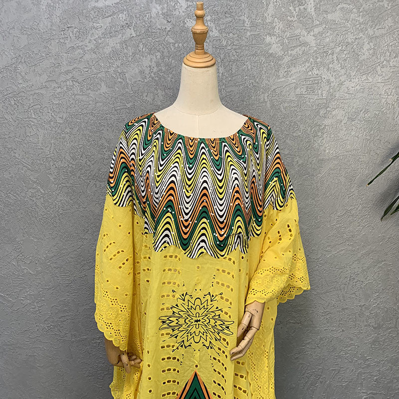 Cross-border supply of African cotton hollow embroidery high-end plus size fashion women's dress clearance