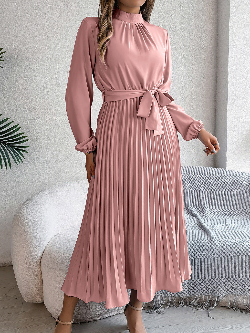 2026 European and American Spring/Summer Elegant Stand Collar Long Sleeve Waist-Cinched Pleated Long Dress Mini Dress Amazon Cross-Border Women's Clothing