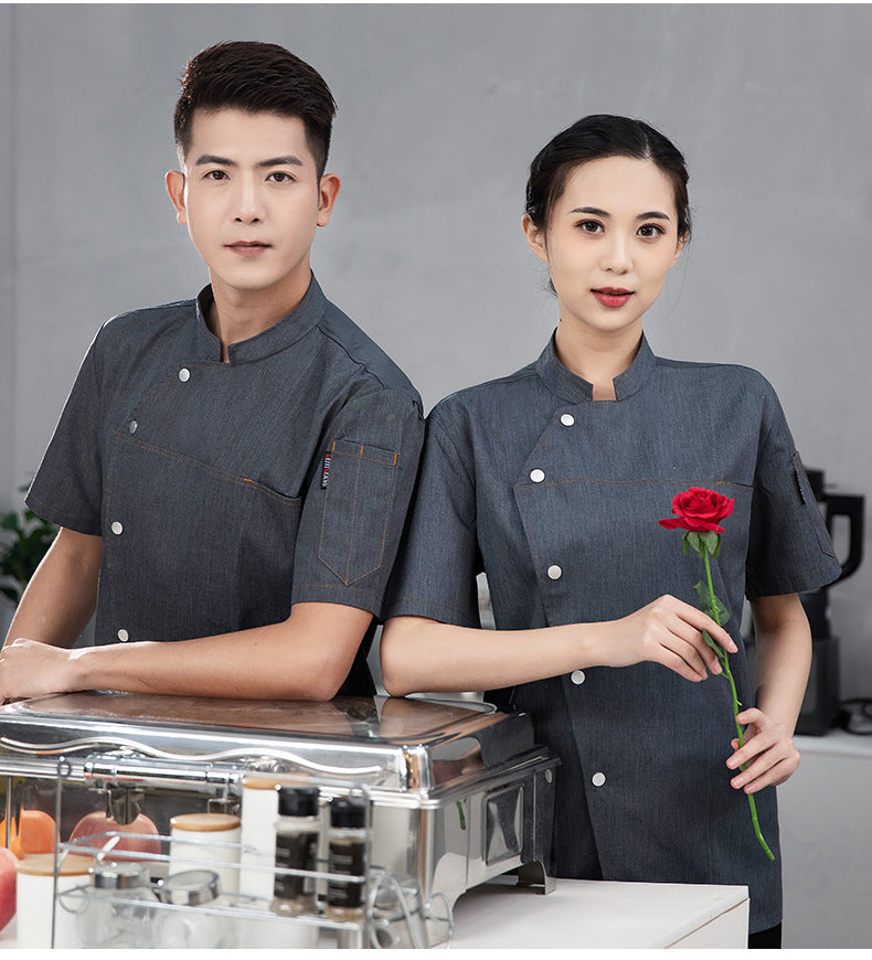 High-End Blue Chef Work Clothes Men's Short-Sleeved Summer Hotel Chef Clothing Women's Breathable Mesh Catering Kitchen Long-Sleeved