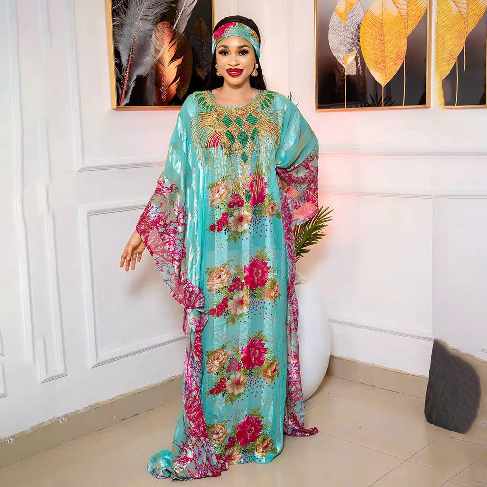 Cross-border AliExpress Independent Station African Ethnic Style Large Swing Dress Chiffon Hot Drilling Beads with Elastic Inner Skirt
