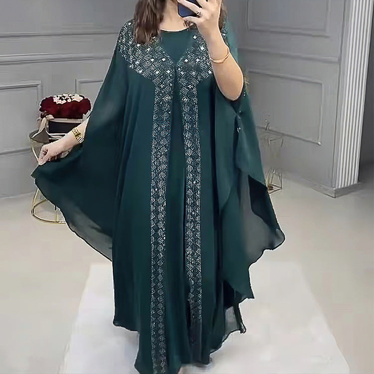 Cross-Border African, European, and American Dresses, Robes, Pearl Chiffon, Heavy-Duty Rhinestone Embellishments, Factory Direct + Inner Skirt