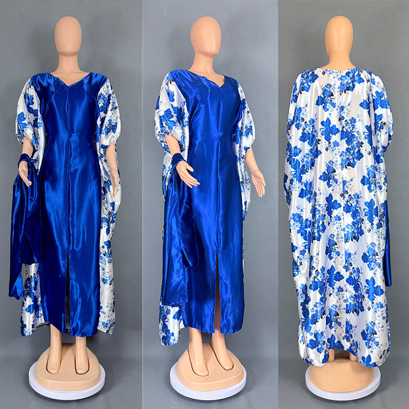 Cross-Border Aliexpress Plus-Size Women's Ethnic Style Robe African Amazon Color-Blocking Printed Dress 9038